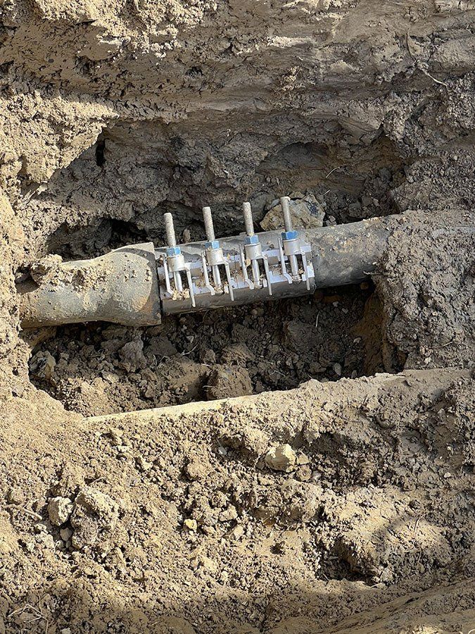 Metal clamp secures a damaged pipe in a dirt trench, likely for repair.