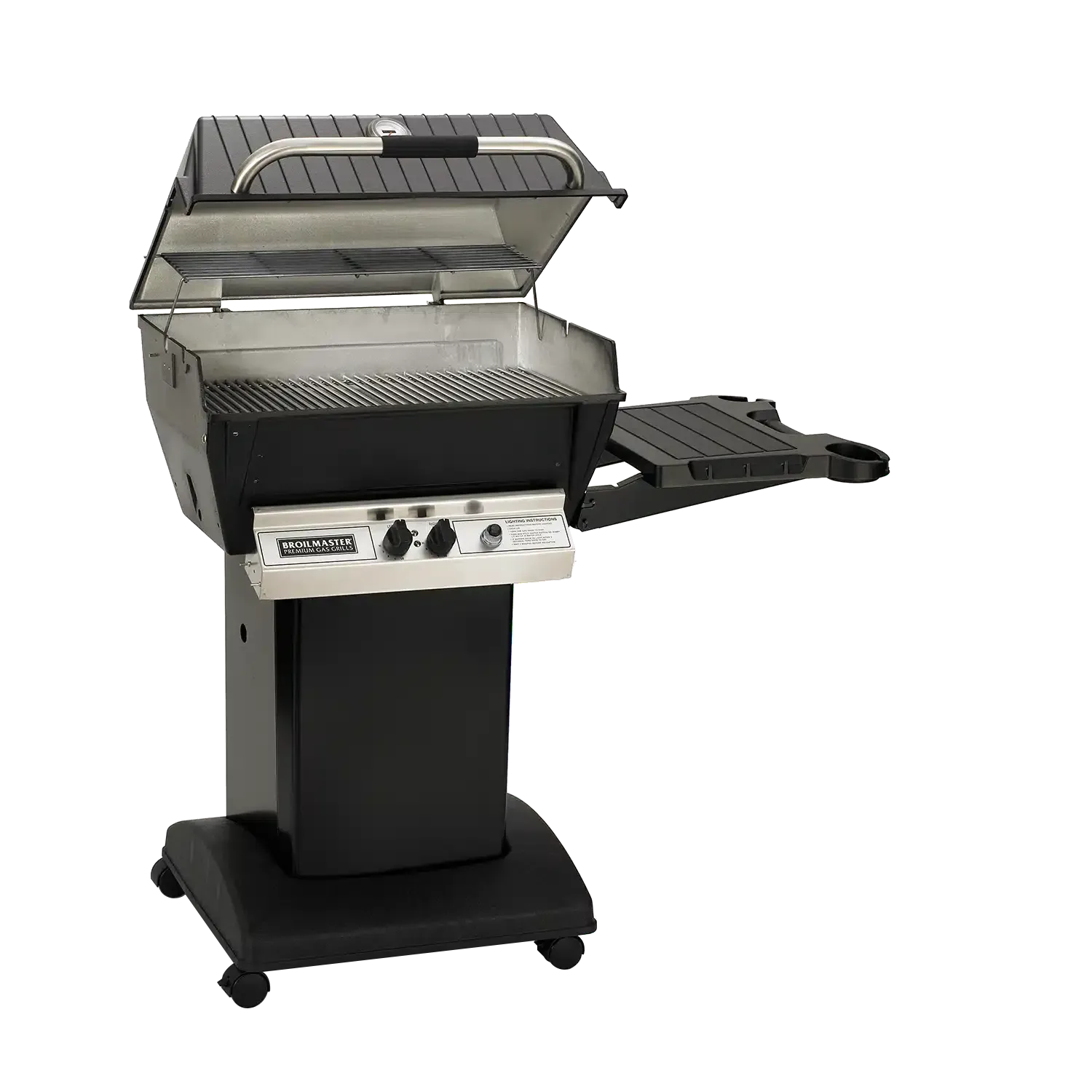 A black grill with the lid open on a white background.