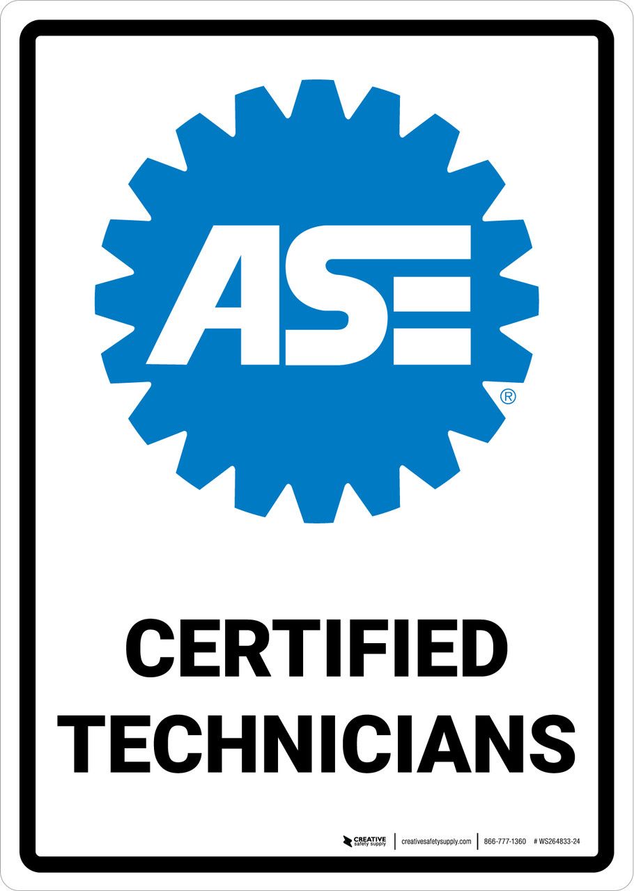 Sign: Blue ASE logo in a gear, text