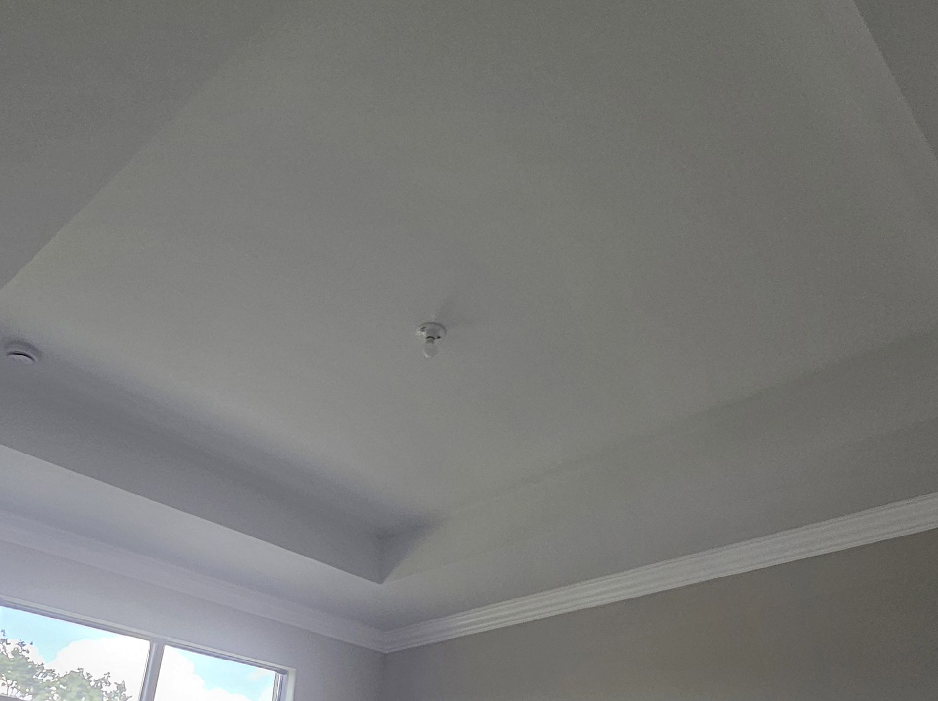 Empty gray room ceiling with crown molding and a recessed tray detail, lit by daylight from a window.