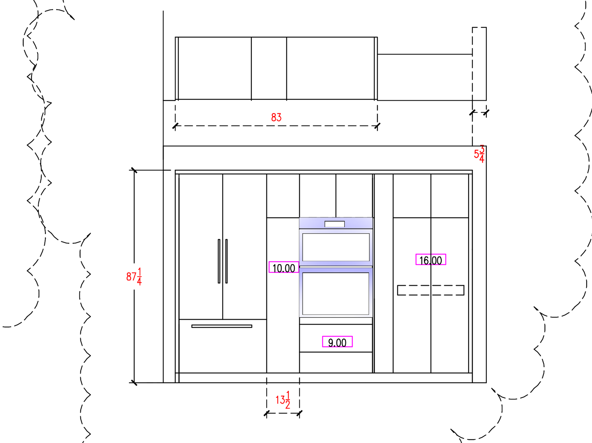 Kitchen cabinet elevation drawing with measurements and labeled shelves and doors
