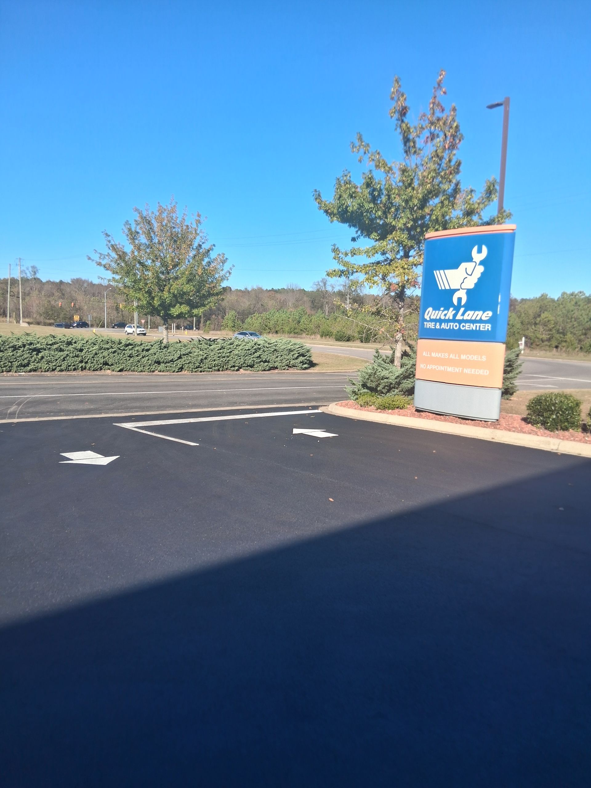 Blue sign with a goat logo for a Farm Lane store on a sunny day.