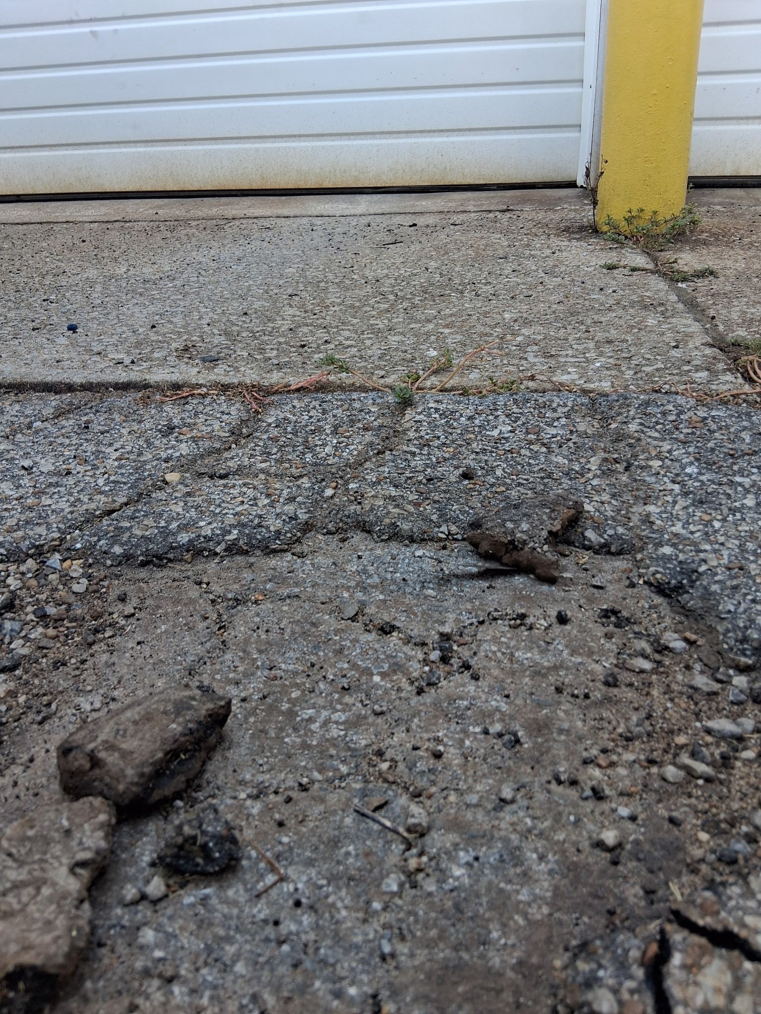 Cracked concrete ground near a white garage door and a yellow pole. Two rocks sit on the concrete.