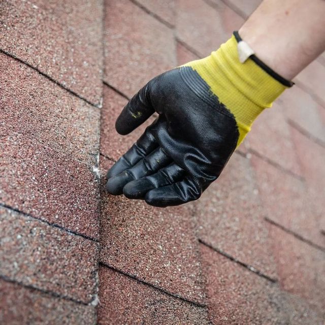 Gloved hand inspecting granules on a shingled roof