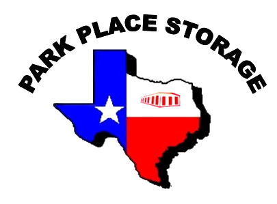 Park Place Storage logo: Texas outline with blue, white, and red sections. White star and building graphic.