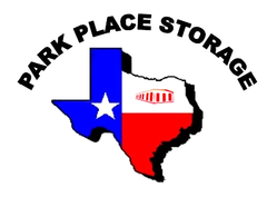 Park Place Storage logo: Texas outline with blue, white, and red sections. White star and building graphic.