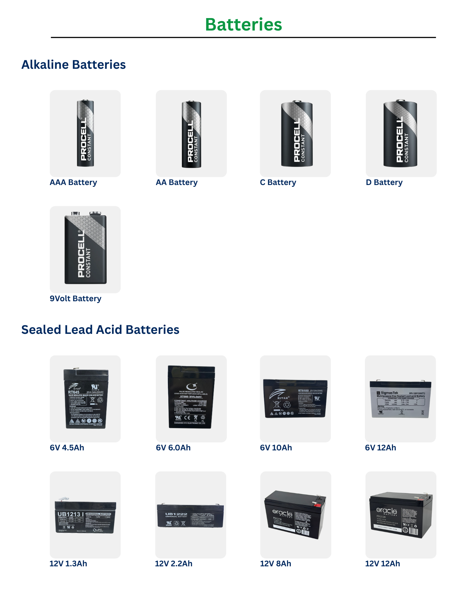 Alkaline Batteries: AAA battery, AA battery, C  battery, D battery, 9Volt battery.
Sealed Lead Acid Batteries:
6V 4.5Ah, 6V 6.0Ah. 6V 10Ah, 6V 12Ah, 12V 1.3Ah, 12V 12.2Ah, 12V 8Ah, 12V 12Ah