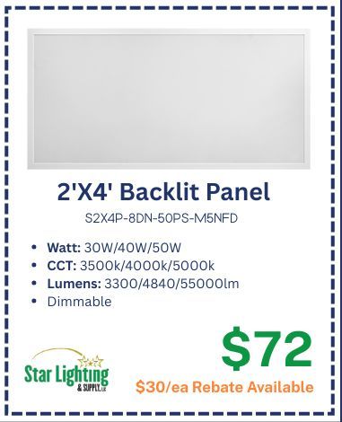 A Star Lighting 2'x4' backlit LED panel priced at $72, featuring selectable wattage, CCT, and lumens, plus a $30 rebate.