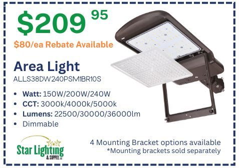 An advertisement for an adjustable LED area light priced at $209.95, featuring specifications and rebate details.