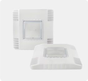 White square wall speaker or ventilation unit shown front and side views on a white background