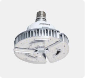 White industrial LED light fixture with silver housing and screw base on a plain background