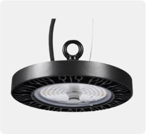 Black industrial hanging LED light fixture with a circular lens and loop mount