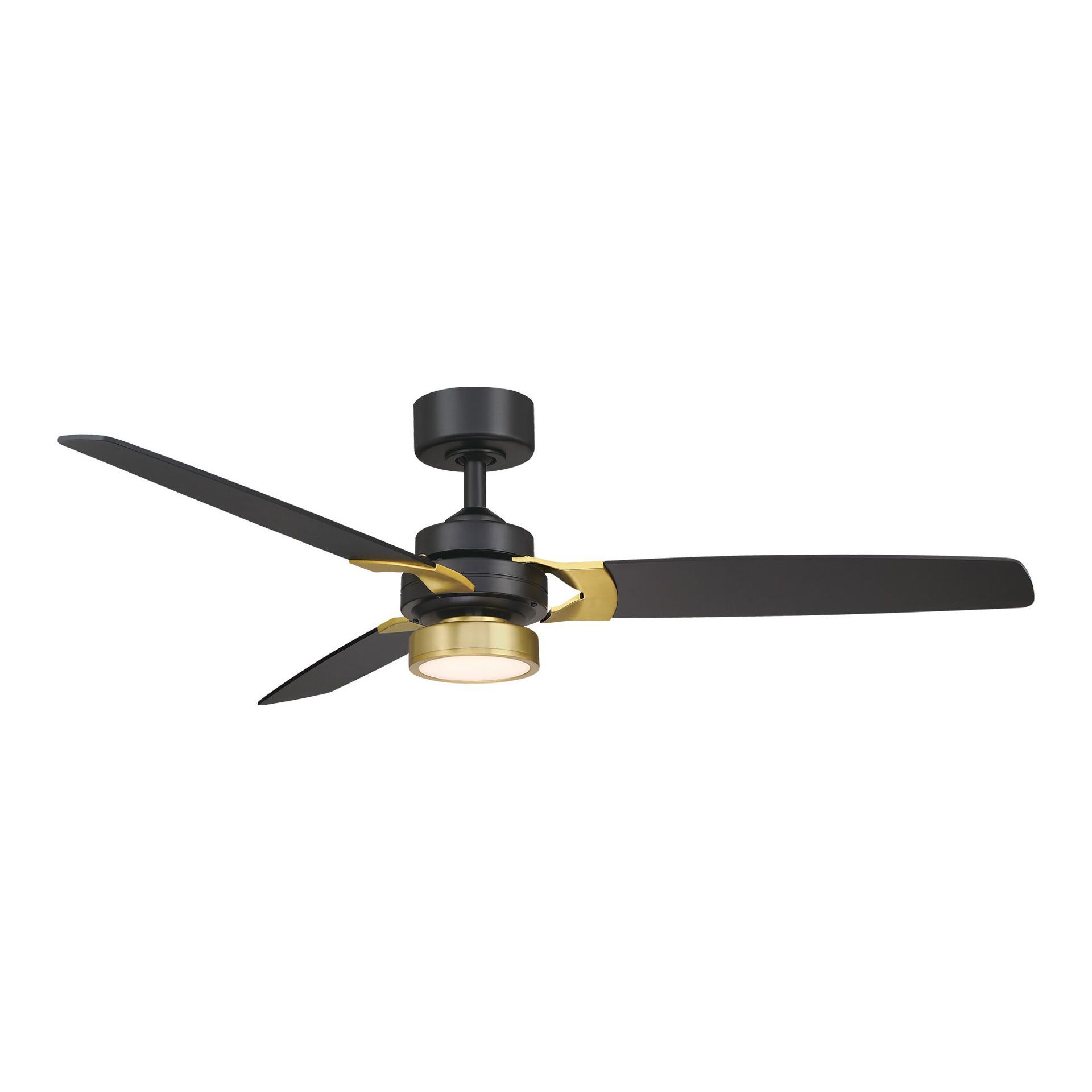 Black ceiling fan with gold accents and light.