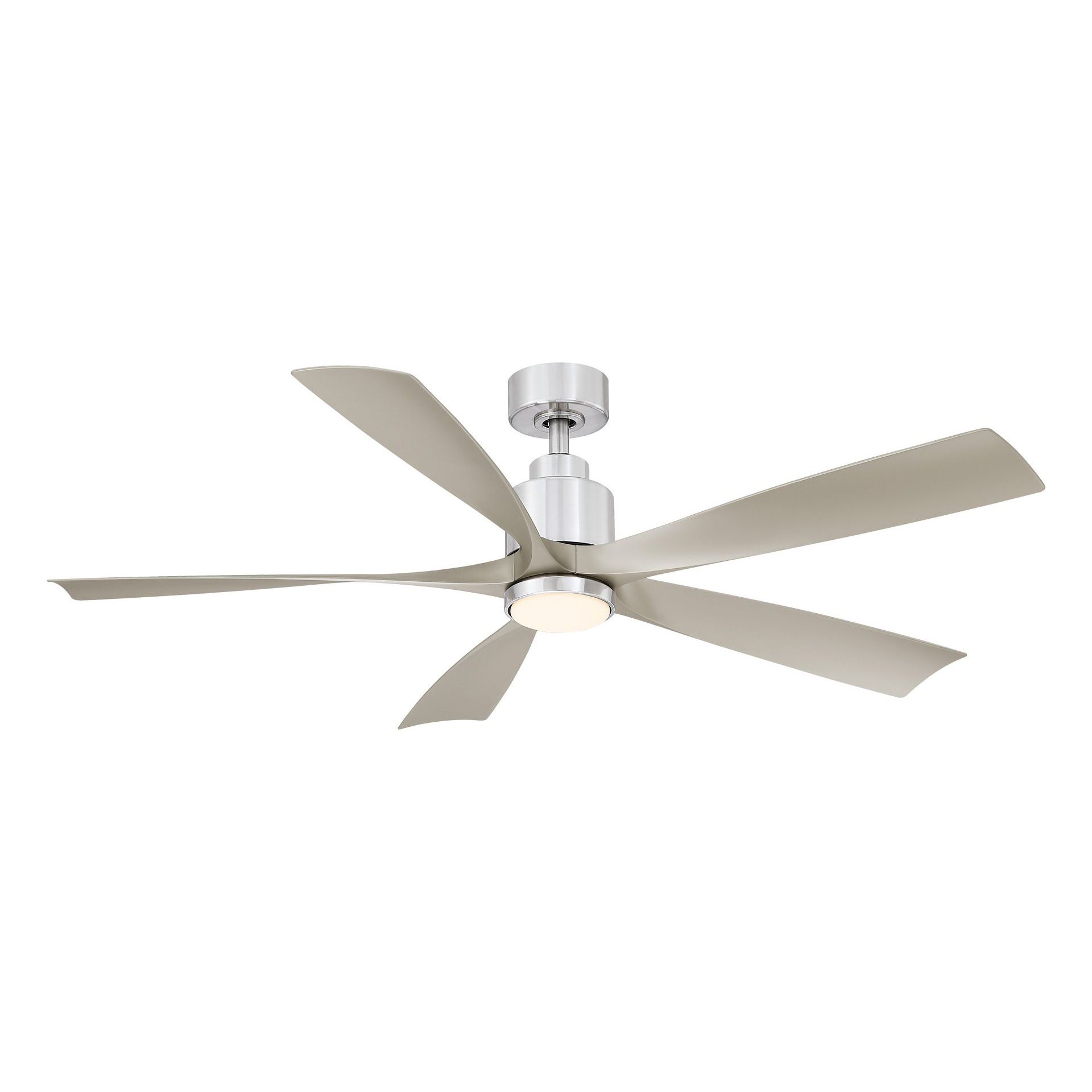 Modern silver ceiling fan with five blades and a built-in light, against a white background.