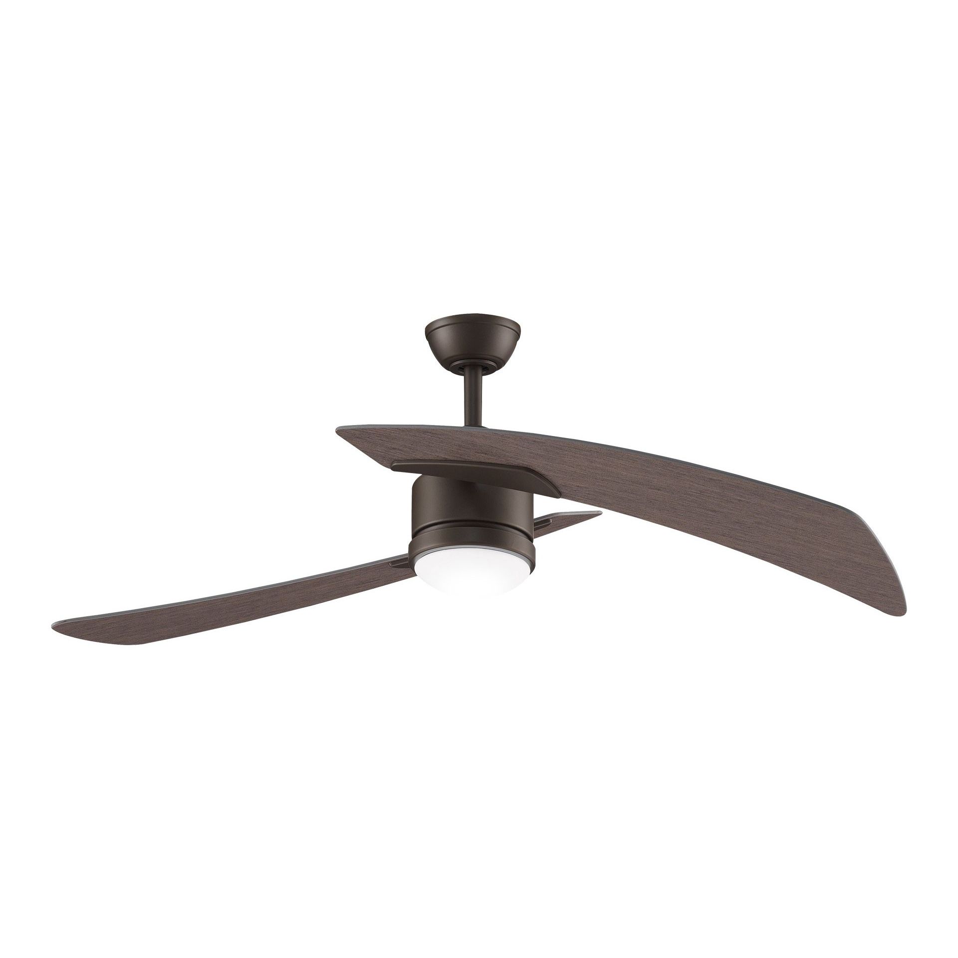 Brown ceiling fan with three blades and a central light fixture.