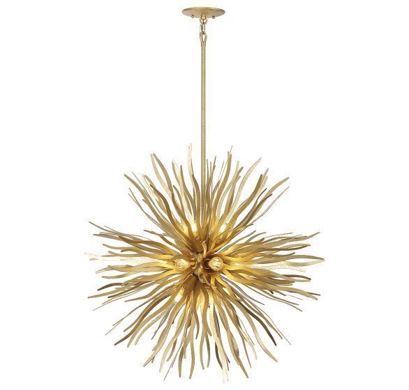 Gold sputnik-style chandelier with spiky, radiating arms; hanging from ceiling.