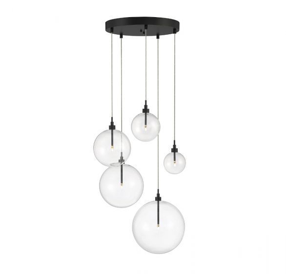 Black pendant light fixture with five clear glass globe shades.