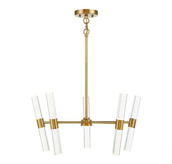 Gold chandelier with six clear glass tube shades, hanging from a ceiling.