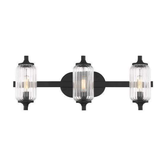 Black, three-light vanity fixture with ribbed glass shades, mounted horizontally.