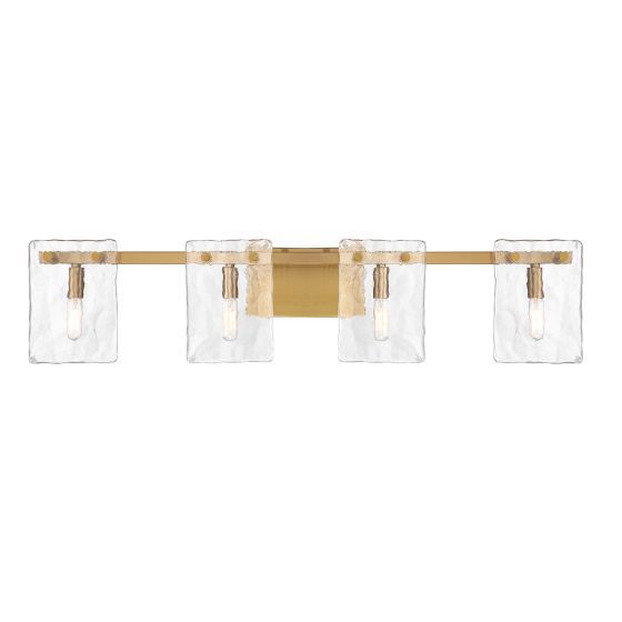 Gold bathroom vanity light with four clear, textured glass shades.