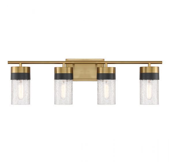 Four-light vanity fixture with gold finish, black accents, and seeded glass shades.