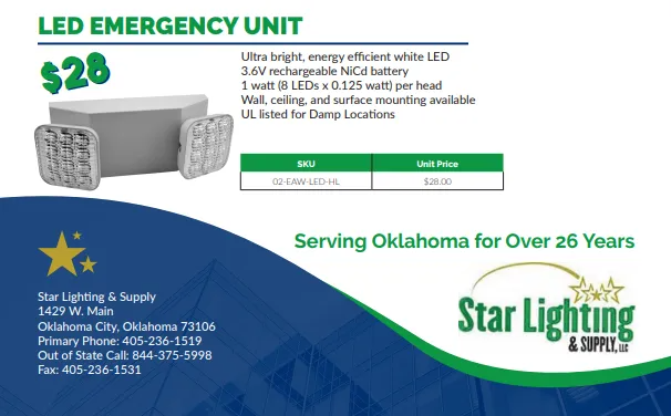 An advertisement for a led emergency unit from star lighting & supply