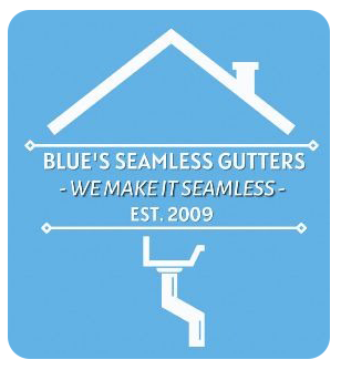 Blue's Seamless Gutters logo. White house outline, gutters, and text on a blue square background.