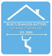 Blue's Seamless Gutters logo. White house outline, gutters, and text on a blue square background.