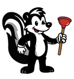 Smiling skunk holding a plunger, black and white with red nose and mouth.