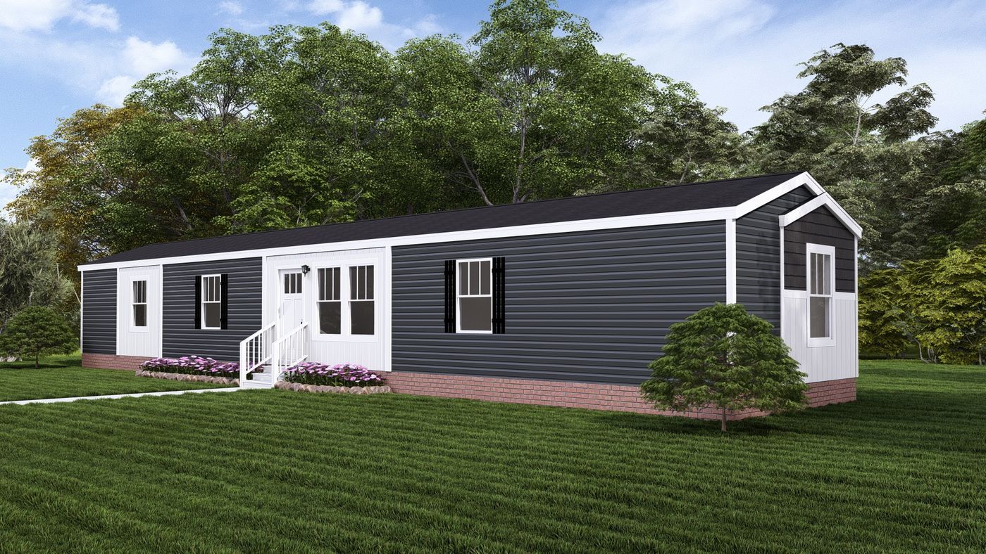 Modern gray single-story house with white trim, front porch, and brick foundation amid green trees and lawn