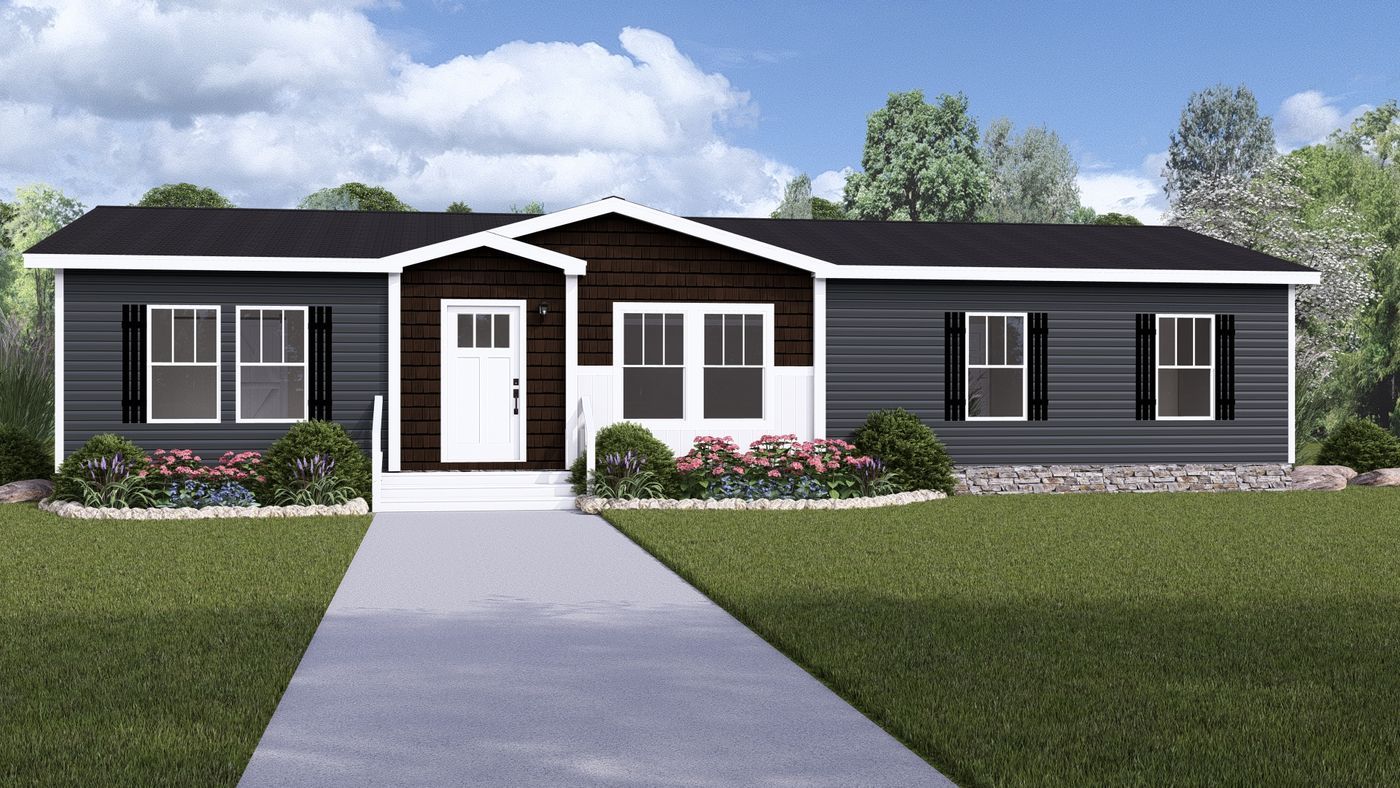 Single-story dark gray house with white trim, front porch, and concrete walkway under a cloudy sky