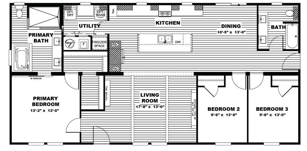 Black-and-white floor plan of a house with kitchen, living room, dining room, 3 bedrooms, and 2 baths