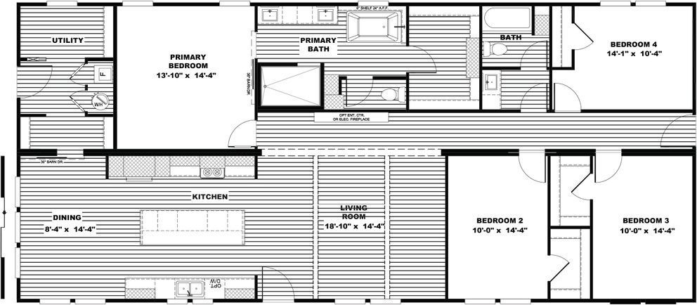 Black-and-white architectural floor plan of a home with labeled rooms and layout sections