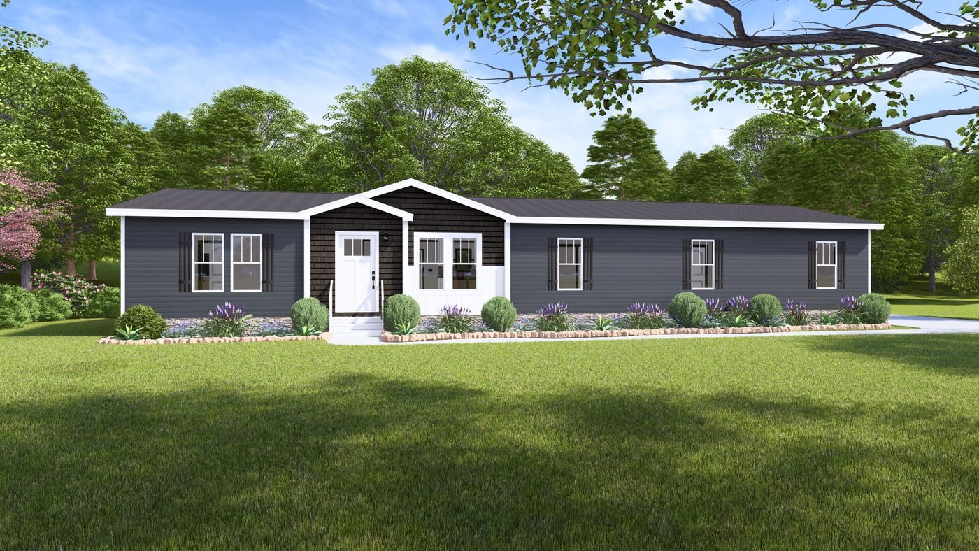 Single-story gray house with white trim and a front lawn under a partly cloudy sky