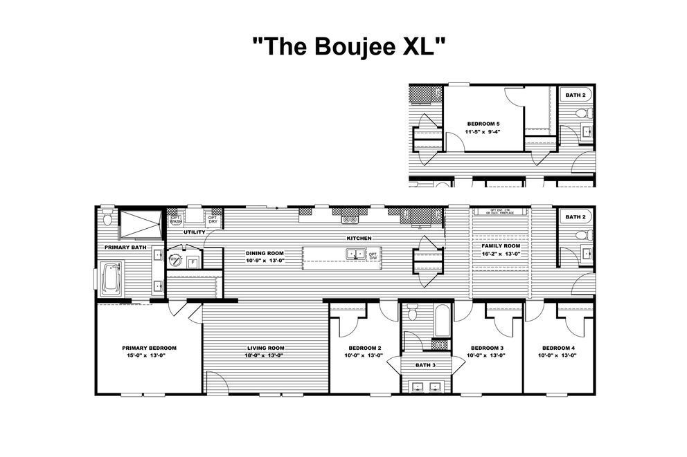 Floor plan diagram titled “The Boujee XL” showing a mobile home layout with multiple rooms and a loft.
