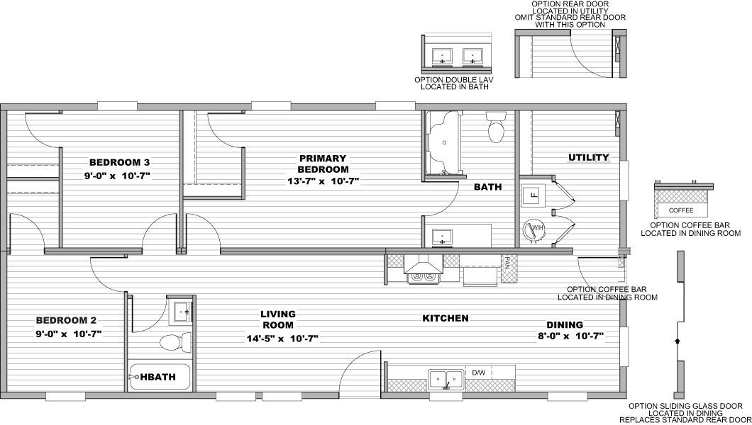 Architectural floor plan with room labels, dimensions, and elevation view for a house layout