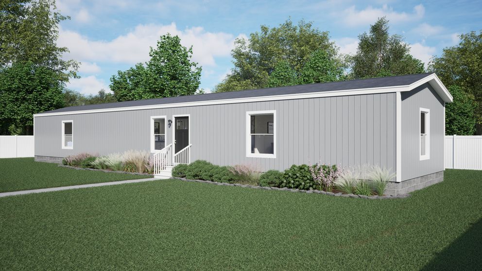 Single-story gray modular home with white trim, windows, and a small lawn in front.