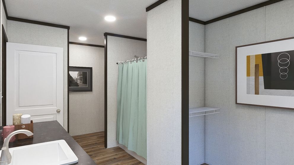 Bathroom with white vanity, shower curtain, wood floor, and framed wall art.