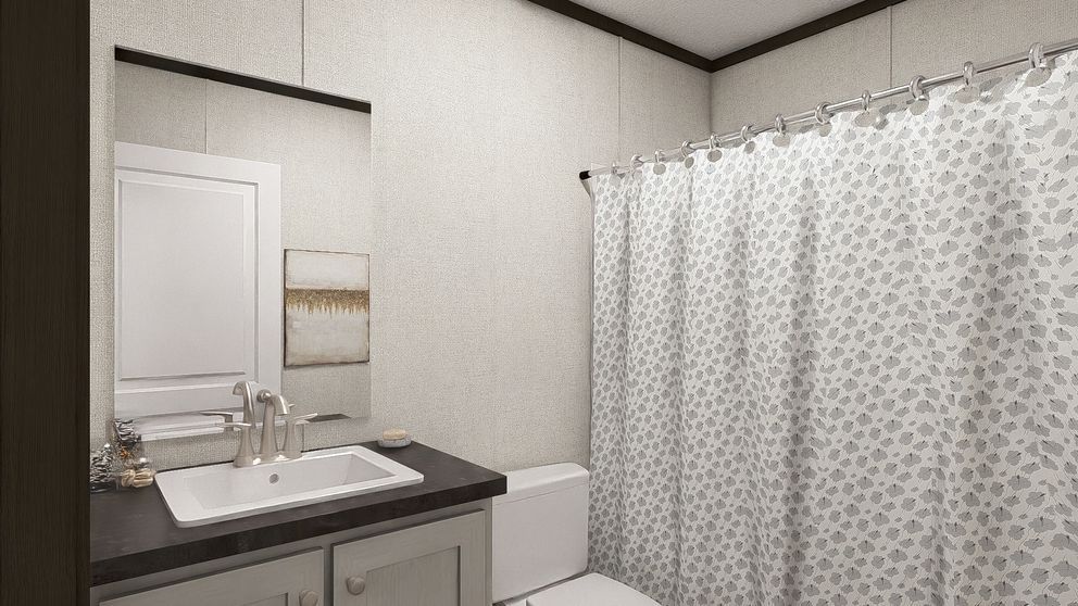 Bathroom vanity with mirror, sink, and patterned shower curtain in a light-colored room