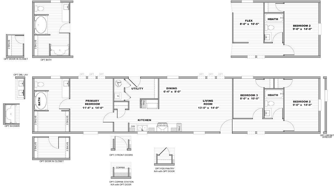 Architectural floor plan with multiple rooms, hallways, and labeled sections on a white background