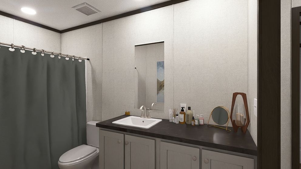 Bathroom vanity with sink, mirror, gray cabinet, and a shower curtain on the left.