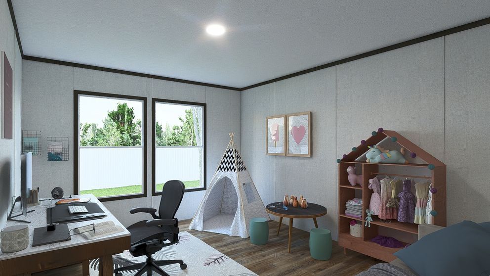 Bright bedroom with desk, chair, teepee tent, dollhouse, and two windows letting in daylight.