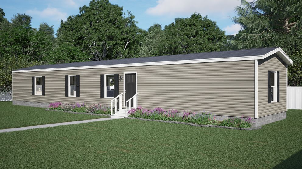 Single-story beige house with white trim, black shutters, and a small front porch on a grassy lawn.