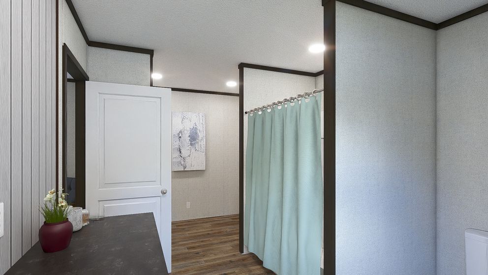 Small hallway with white door, teal curtain, gray walls, dark trim, and wood flooring.