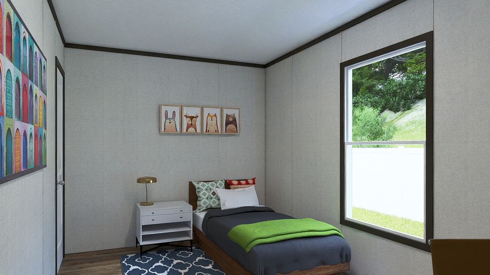 Small bedroom with a bed, nightstand, framed art, and a large open window showing greenery.