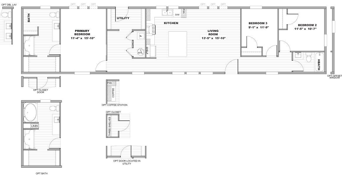 Architectural floor plan showing a long house layout with rooms, stairs, and bathroom areas.