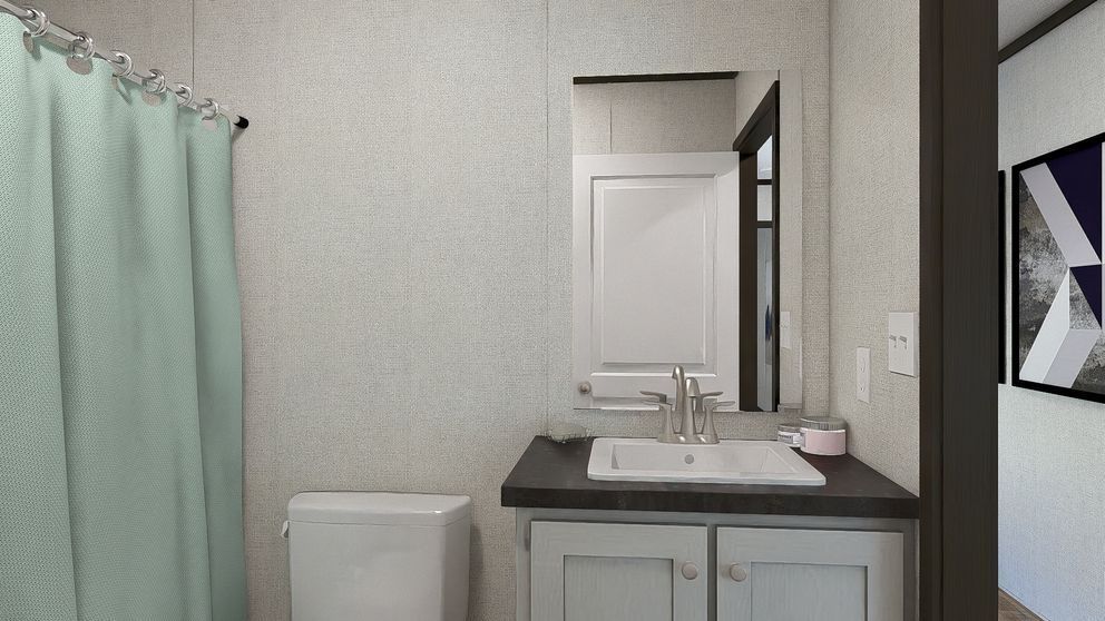 Small bathroom with mint curtain, white toilet, sink vanity, and mirror.
