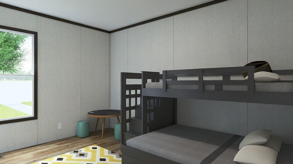 Small bedroom with gray bunk bed, window, side table, and patterned rug.