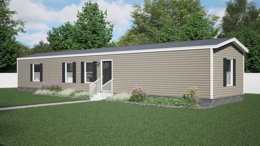 Single-story beige house with black shutters, a small front porch, and a grassy yard under a cloudy sky