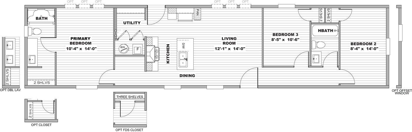 Black-and-white floor plan of a long, narrow building interior with labeled rooms, doors, and fixtures.